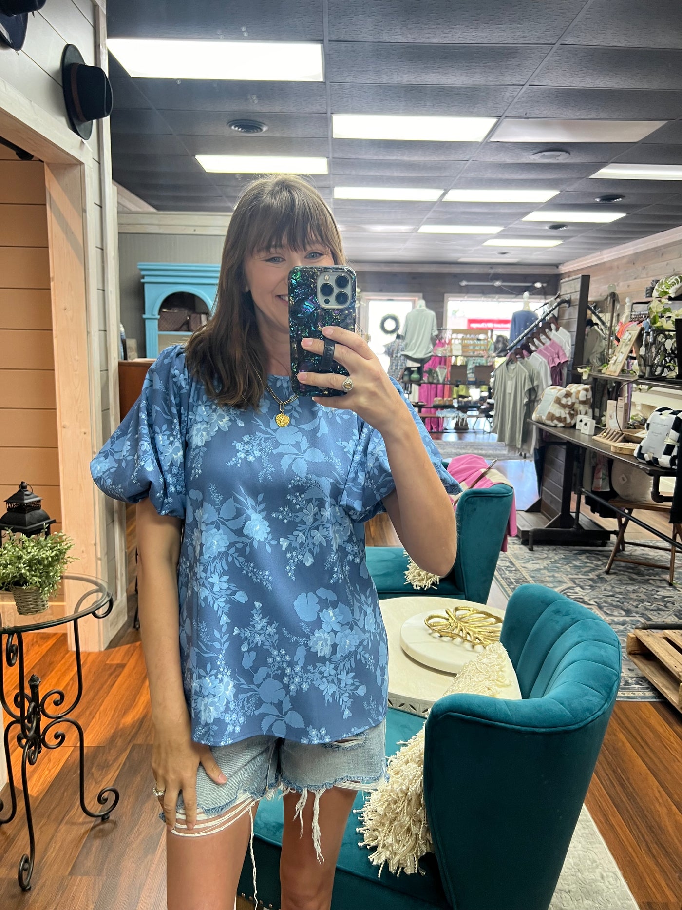 Blue Floral Bubble Sleeve Top