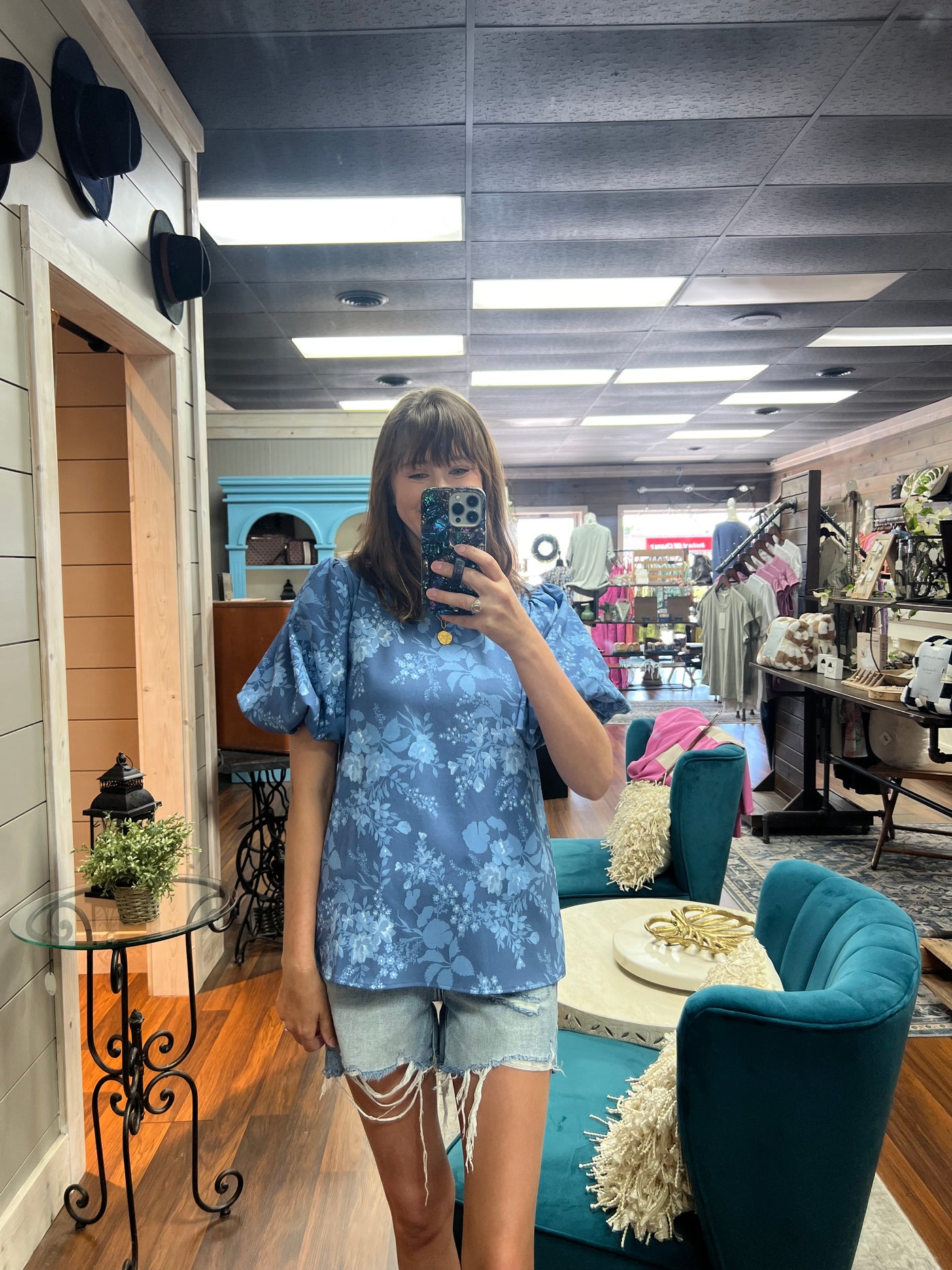 Blue Floral Bubble Sleeve Top