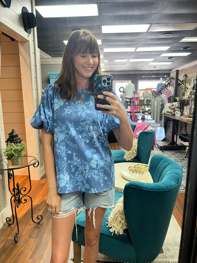 Blue Floral Bubble Sleeve Top